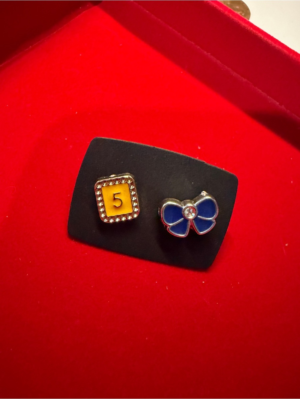 Blue Enamel Bow & Yellow Number 5 Brooch Set